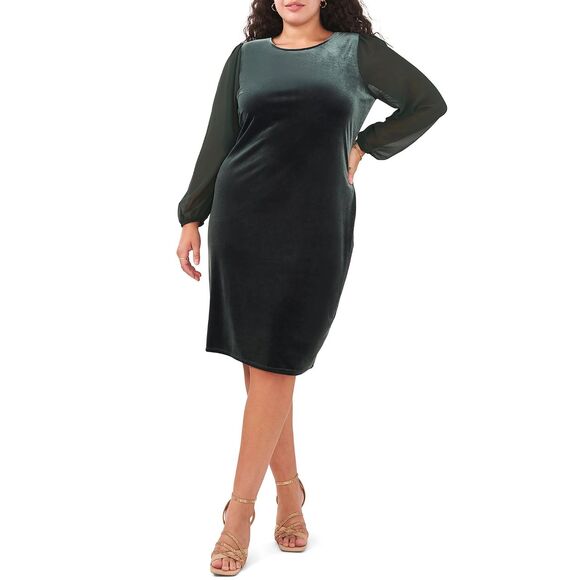 Vince Camuto Dresses & Skirts - New Vince Camuto Velvet Emerald Green Sheer Balloon Long Sleeve Dress Size 2X
